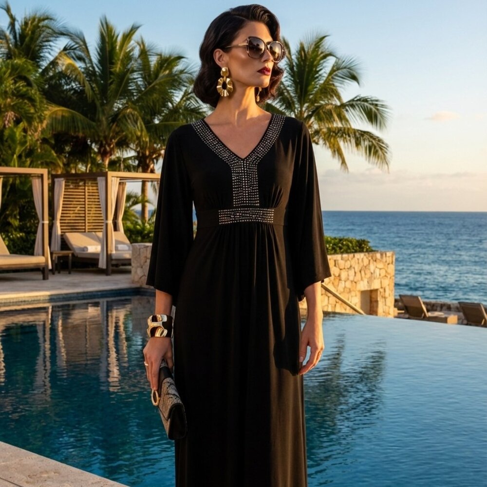 Elegant Black Chico’s Maxi / Kaftan Dress • Embellished V-Neck (NWOT)